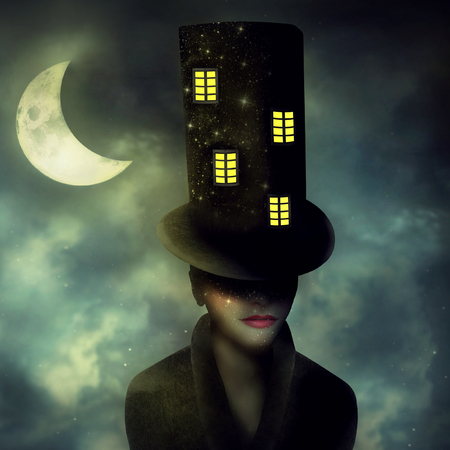 Surrealist image representing a portrait of a woman character with a high cylinder with windows in a night sky with half moonの写真素材