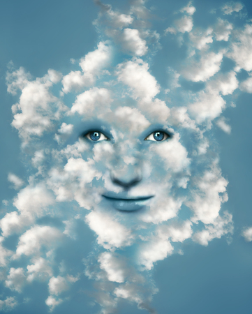 Surreal imagine representing a fantasy beautiful face camouflaged in blue light sky with many clouds...