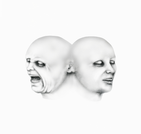 Picture of a surrealistic drawing that represents two faces of men with different expression on their faces, in black pencil on whiteの写真素材