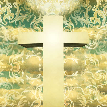 Artistic Crucifix in vintage collage baroque style on a background with the sky and baroque decorationの写真素材