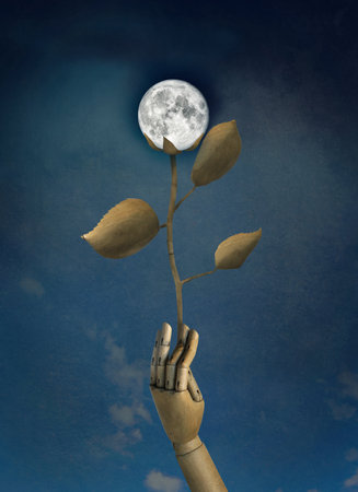 A surreal image of a wooden hand holding a stem with wooden leaves and a full moon instead of a flower in its fingersの写真素材