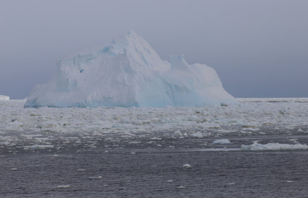 Antarctic landscape with icebergs and ice floes in the ocean in white and blue