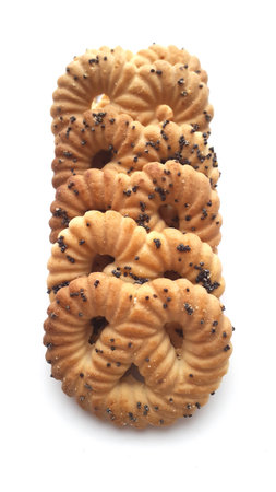 Sweet biscuits with poppy seeds on a white backgroundの写真素材