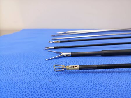Closeup Image Of Arranged Laparoscopic Surgical Instruments Tips