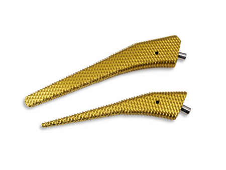 Closeup Image Of Golden Color Stem Implant Trail Using For Total Hip Replacement Surgery. Background...