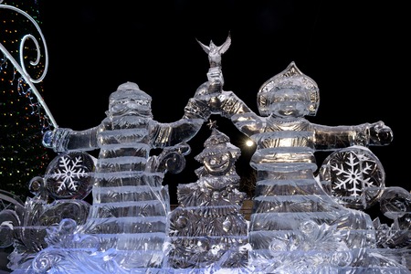 Yekaterinburg, Russia - January,15,2017: Father Christmas and Snow maiden made of ice on the Square of 1905.のeditorial素材
