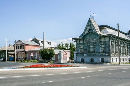 Syzran, Russia - August, 16,2016: Grey wooden carved building of The city Exhibition Hall.