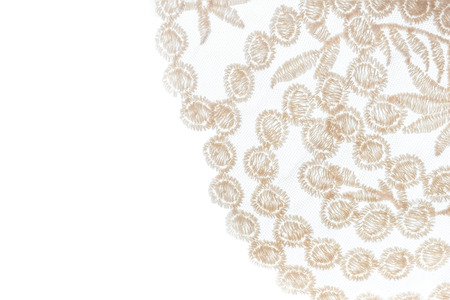 Beige lace on white background with copy space. Fancy motifs are embroidered with thick threads on the mesh fabric.の写真素材