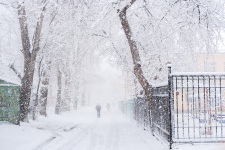 Snowy city road between trees and barely visible walking people during plentiful snowfall.の写真素材