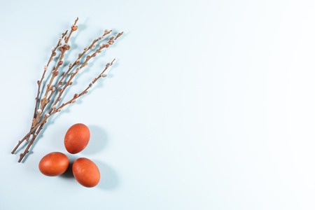 Three red Easter eggs and willow branches on gentle pale blue background.の写真素材