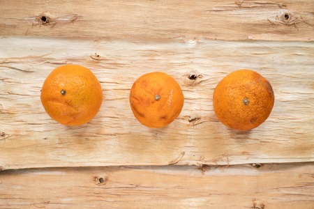 Three ugly non-standard mandarin lying in row on natural wooden background.の写真素材
