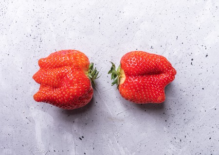 Two ugly strawberries are lying on grey concrete background.の写真素材