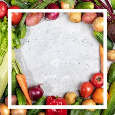 Frame by vegetables and creative white square frame on them on concrete background with copy space.の写真素材