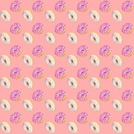 Trendy square seamless pattern of traditional doughnuts with lilac and white glazes on gentle pink background. Regular rhythmic pattern. Top view, flat lay.の写真素材