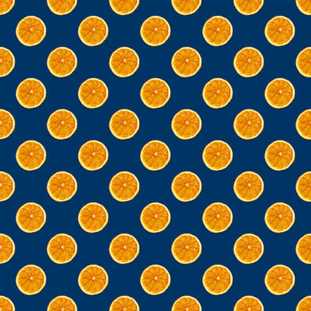 Christmas seamless pattern of handmade dried orange fruit slices on trendy classic blue background....
