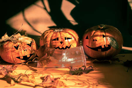 Three funny halloween orange pumpkins painted as Jack's lantern, one in protective face mask, fall leaves and magic dark shadows. Halloween festive new normal concept during covid. Selective focus.の写真素材