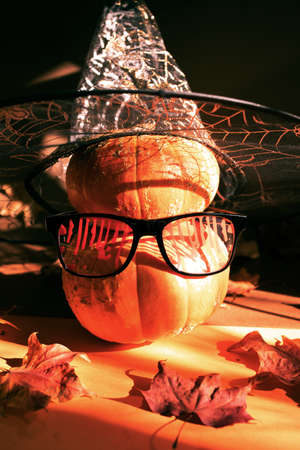 Two Halloween orange pumpkins standing one on top of other in festive bloody glasses and witch hat with spiderweb. Halloween festive concept. Selective focus. Vertical orientation.の写真素材
