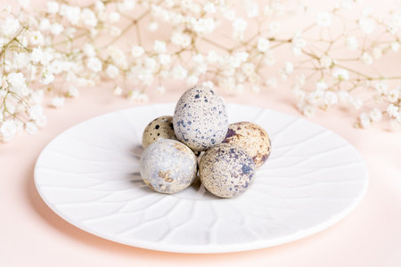 White plate with Easter quail eggs and gypsophila flowers on pastel pink backdrop. Holiday...