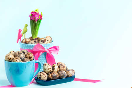 Lot of quail eggs in cup and bowl, pink hyacinth in flower pot decorated by pink ribbon and color...