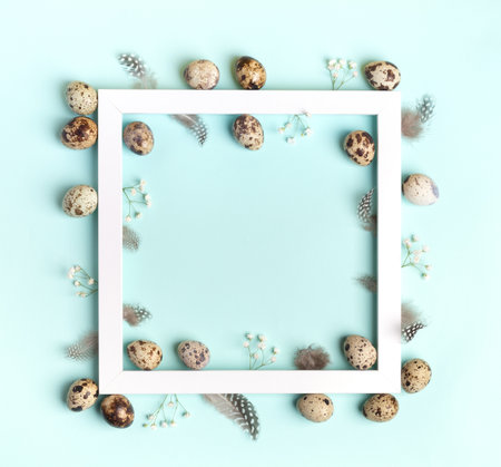 Frame of white square frame with quail eggs, feathers, white gypsophila flowers on light blue background. easter greeting card. Easter decoration ideas. view from above. flat lay. copyspace. Mock up.の写真素材