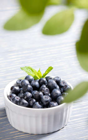 Wild forest blueberries in white bowl on gray wooden table. View through green leaves. natural superfood. Health food. Blueberry - natural vitamin for eyes. vertical orientation.の写真素材