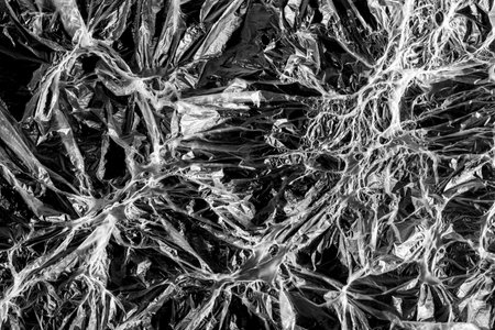 Beautiful unusual black and white pattern of melted polyethylene film. Surface of fused polyethylene may be used as fantasy backdrop for Halloween holiday image. Grunge image Top view Horizontal formatの写真素材