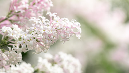 Beautiful white-pink spring blooming lilac tree branch on blurred background. Flowering flowers of...