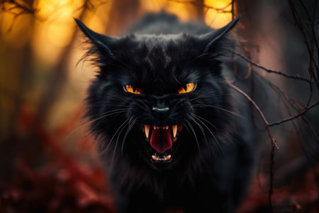 Creepy frightening grin of angry Halloween black cat close up. generated AI.の素材