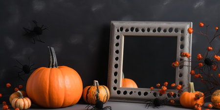 Creative Halloween image. Orange pumpkins, empty frame-mirror, dry leaves, black spiders on dark gray background. Halloween decorations. copyspace. generated AI.の素材