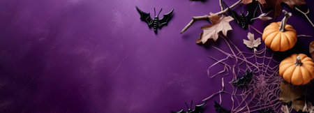 Festive Halloween banner. Pumpkins, bats, cobweb, dry grass and leaves on purple background. Halloween mockup. top view. flat lay. copyspace. horizontal format. generated AI.の素材