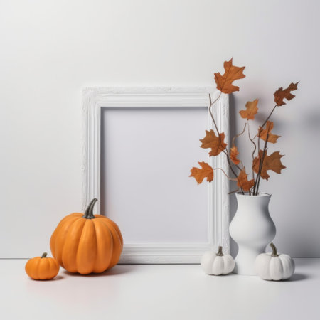 Holiday stylish minimalistic mock up for Halloween or thanksgiving. Blank empty frame, pumpkins, fall leaves on white. square format. copyspace. generated AI.の素材