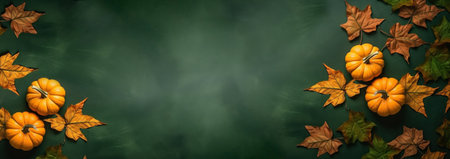 Halloween, thanksgiving or harvest banner. Pumpkins and fall leaves on emerald-green textured background with copy space. top view. generated AI.の素材