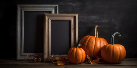 Orange pumpkins, empty frames, dry leaves on dark background. Holiday banner for Halloween or thanksgiving. copyspace. generated AI.の素材