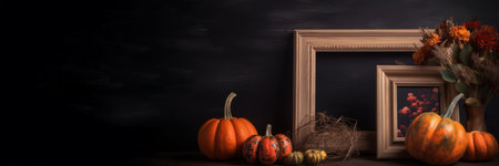 Pumpkins, frames, dry grass and flowers on black background. Holiday banner for Halloween or thanksgiving. copyspace. generated AI.の素材