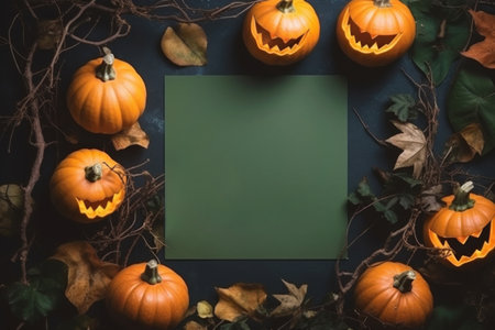 Halloween mockup. Square green empty sheet, Jack lantern pumpkins, fall leaves, dry twigs as frame around it on dark background. top view. copyspace. generated AI.の素材