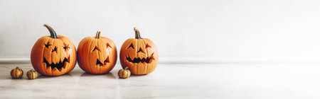 Holiday stylish minimalistic banner with three Halloween Jack lantern pumpkins on white background with copy space. generated AI.の素材
