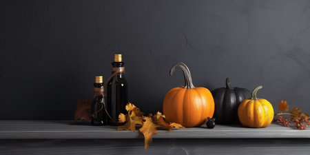 Orange and black pumpkins, fall leaves, black potion bubbles on wooden shelf on gray background. Halloween banner. copyspace. generated AI.の素材