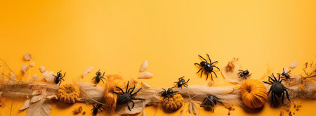 Halloween banner with pumpkins, leaves, black spiders on yellow background with copy space. generated AI.の素材