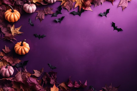 Pumpkins, bats, dry leaves on bright purple background. Halloween card. copyspace. Halloween mockup. top view. flat lay. horizontal format. generated AI.の素材