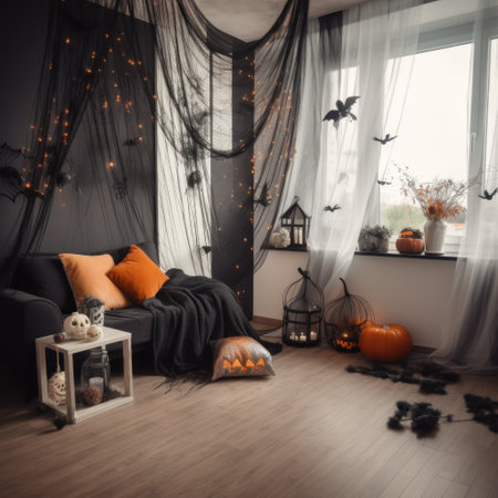 Small corner in living room decorated for Halloween with textile, pumpkins, glowing garland.Generated AI.の素材