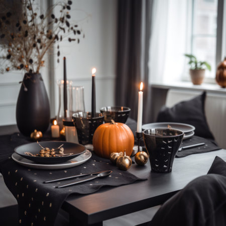Festive table setting in small cozy living room or restaurant decorated for Halloween. square format. close up. generated AI.の素材