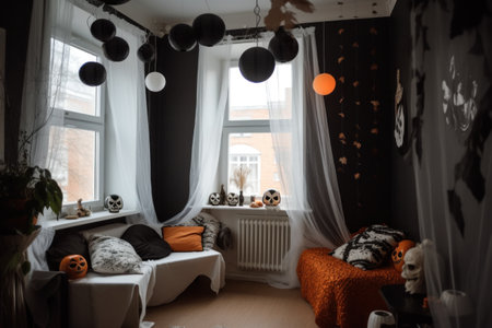 Small relaxing area of modern home decorated for Halloween with white, black and orange textile, lights hanging from the ceiling and decorative skulls. generated AI.の素材