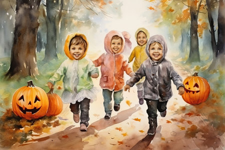 Cheerful happy kids running in sunny autumn park. watercolor drawing. Halloween image with childs and Jack o lantern pumpkins. generated AI.の素材