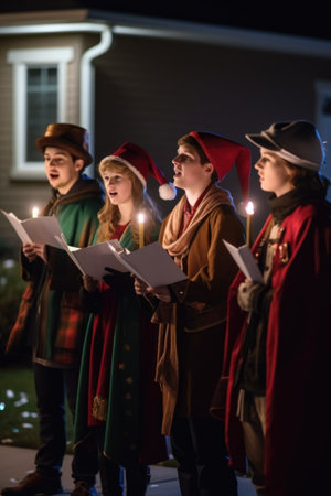 Group of teenagers singing traditional Christmas songs standing in dark evening in front of house. Christmas Eve. vertical format. generated AI.の素材