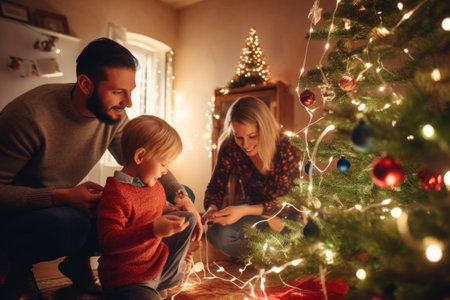 Family father, mother and little son near Christmas tree. They hanging garland to Christmas tree in their living room. Warm cozy family holiday. generated AI.の素材
