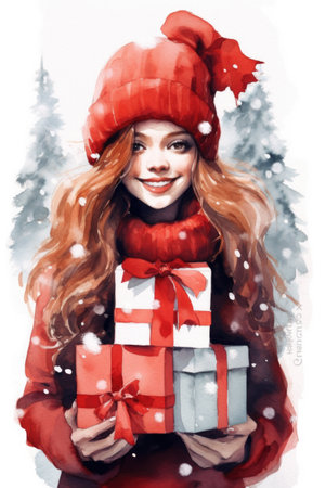 Happy young girl in red winter clothes and hat with gift boxes in her hands on winter background with snow close up. christmas image. watercolor drawing. vertical format. generated AI.の素材
