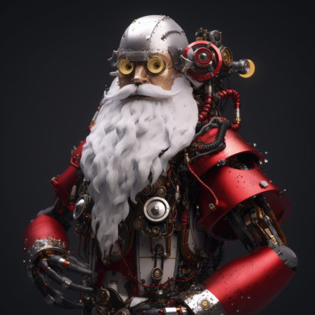 Creative Christmas robot Santa Claus looking at camera. technology future concept. Futuristic Happy New Year Merry Xmas image. square format. generated AI.の素材