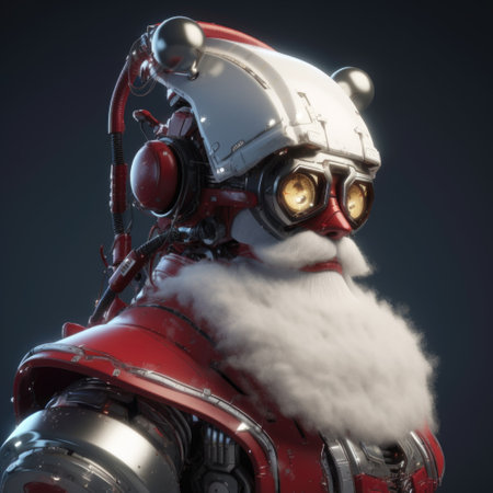 Christmas robot cyborg Santa Claus. technology future concept. Creative futuristic Happy New Year Merry Xmas image. square format. close up. generated AI.の素材