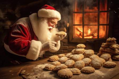 Funny Christmas scene. Santa Claus secretly eating freshly baked fresh cookies. He holds a cookie in his hand, leaning over table with lot of cookies near bake with fire. generated AI.の素材