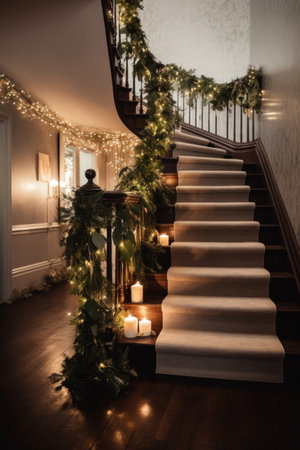 Luxury beautiful dark wooden staircase with beige carpet runner in large home decorated with Christmas garland with lights and candles. Christmas home decorating idea. vertical format. generated AI.の素材